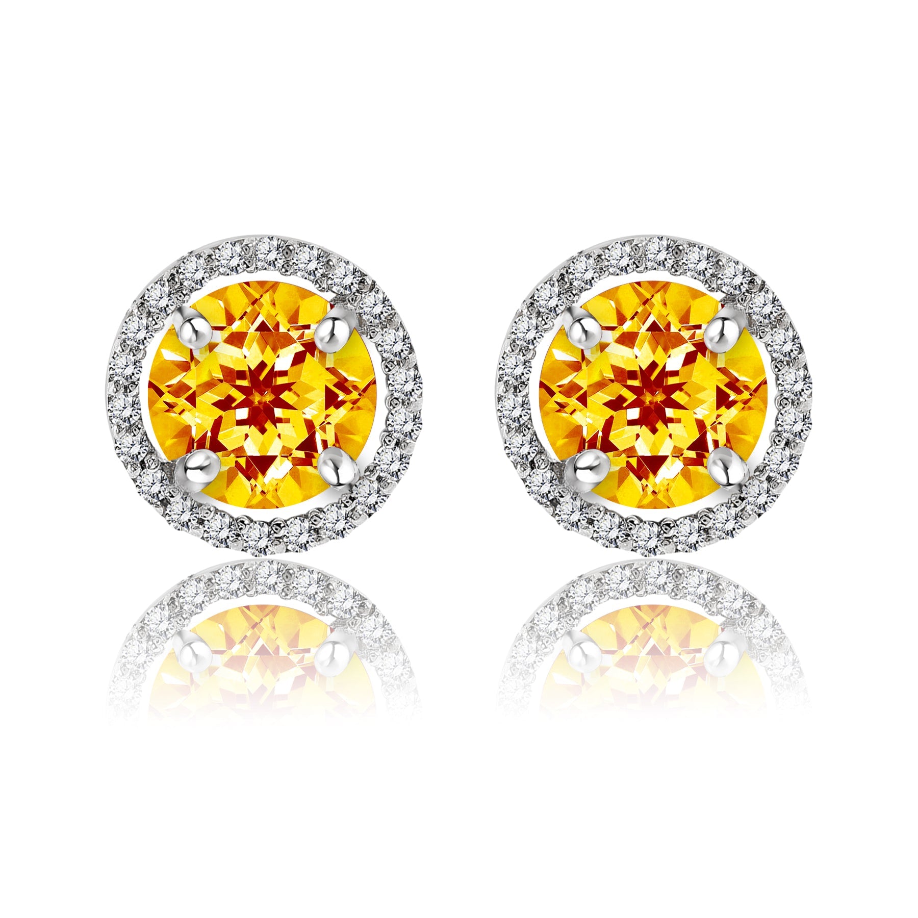 1.25 Carat Round Cut SWAROVSKI Citrine November Birthstone Halo Stud Earrings in 18K White Gold over Silver