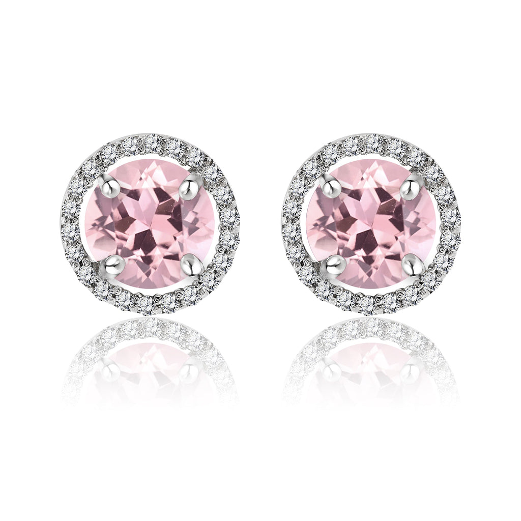 1.25 Carat Round Cut SWAROVSKI Pink Tourmaline October Birthstone Halo Stud Earrings in 18K White Gold over Silver