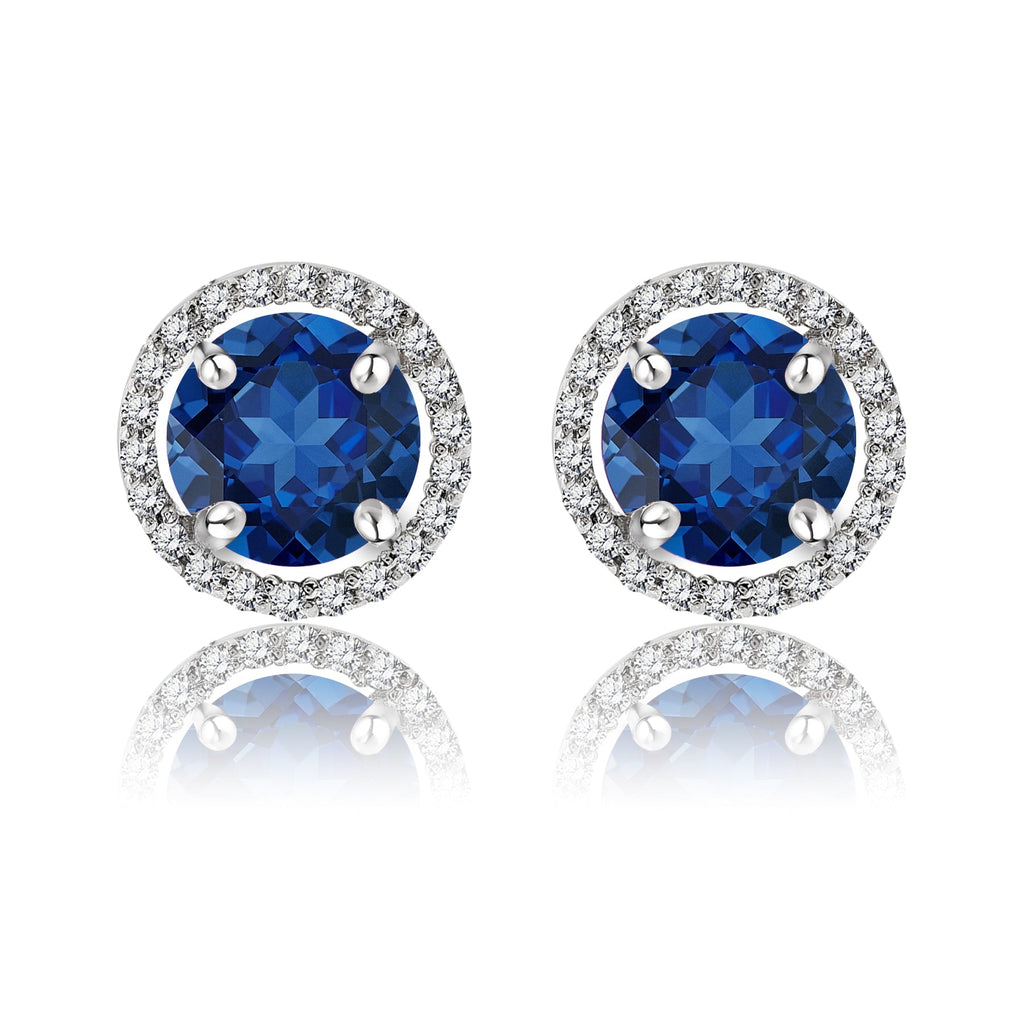 1.25 Carat Round Cut SWAROVSKI Blue Sapphire September Birthstone Halo Stud Earrings in 18K White Gold over Silver