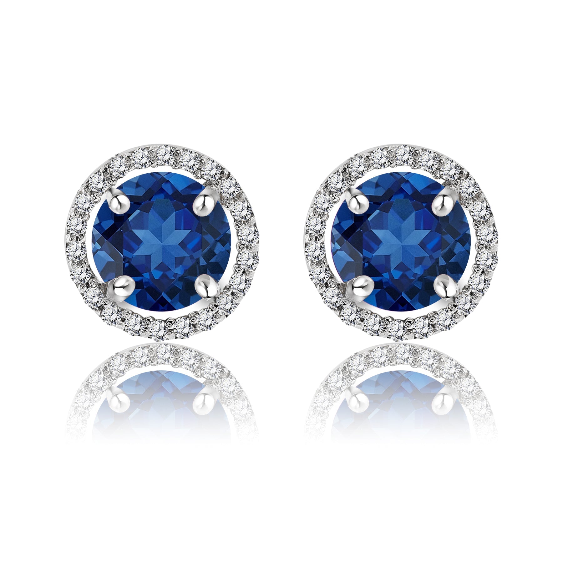 1.25 Carat Round Cut SWAROVSKI Blue Sapphire September Birthstone Halo Stud Earrings in 18K White Gold over Silver