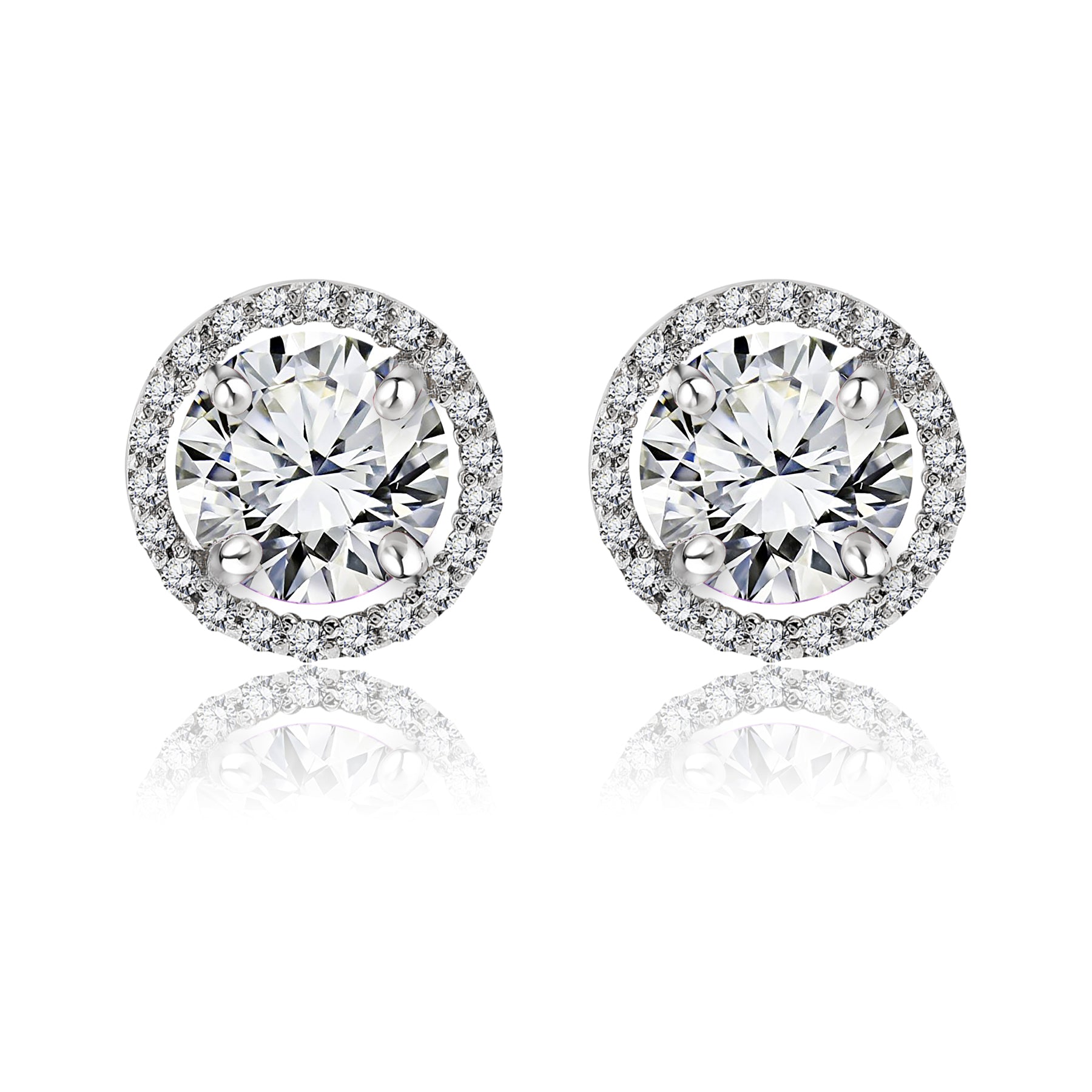 Certified 1 Carat Round Brilliant Cut Lab Grown Diamond Halo Stud Earrings in 18K White Gold Over Silver