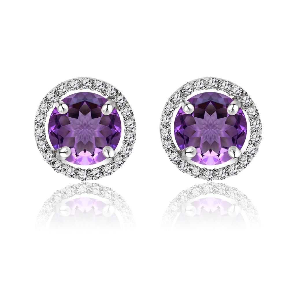 1.25 Carat Round Cut SWAROVSKI Amethyst February Birthstone Halo Stud Earrings in 18K White Gold over Silver