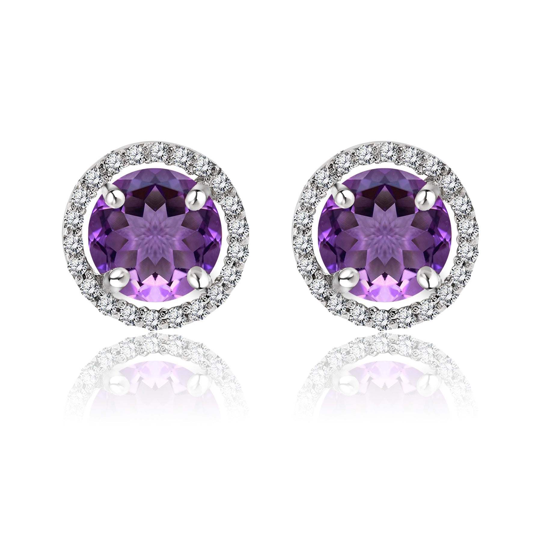 1.25 Carat Round Cut SWAROVSKI Amethyst February Birthstone Halo Stud Earrings in 18K White Gold over Silver