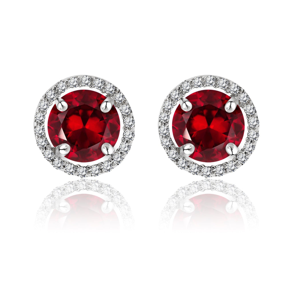 1.25 Carat Round Cut SWAROVSKI Red Garnet January Birthstone Halo Stud Earrings in 18K White Gold over Silver