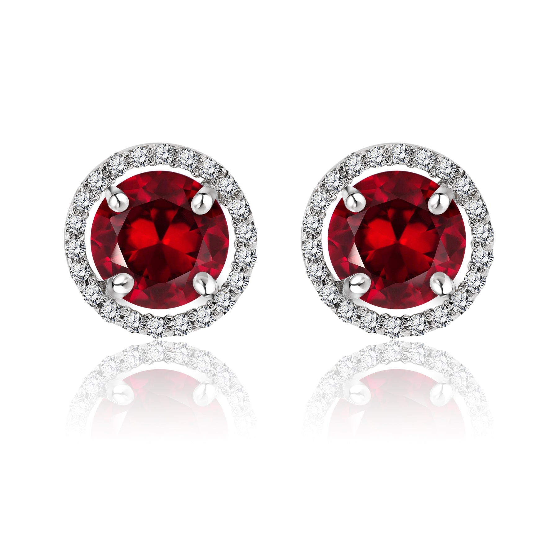 1.25 Carat Round Cut SWAROVSKI Red Garnet January Birthstone Halo Stud Earrings in 18K White Gold over Silver