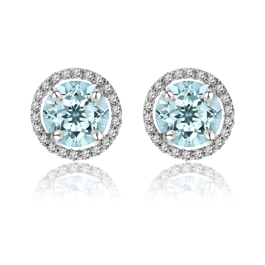 1.25 Carat Round Cut SWAROVSKI Aquamarine March Birthstone Halo Stud Earrings in 18K White Gold over Silver