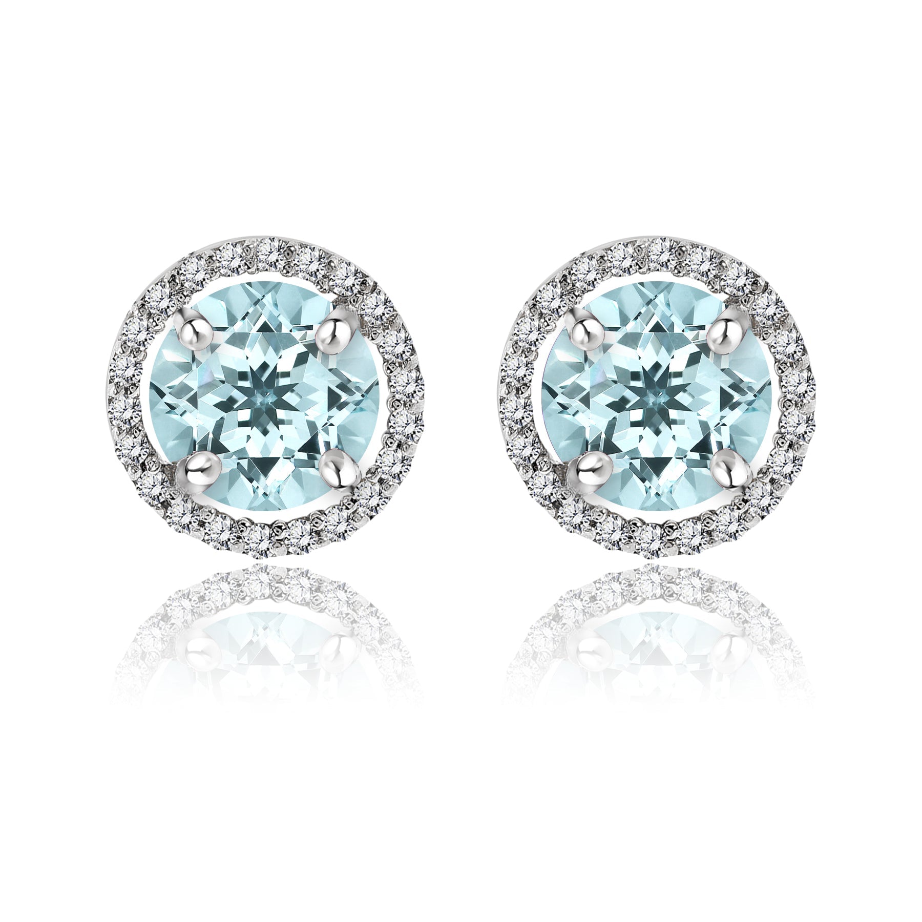 1.25 Carat Round Cut SWAROVSKI Aquamarine March Birthstone Halo Stud Earrings in 18K White Gold over Silver