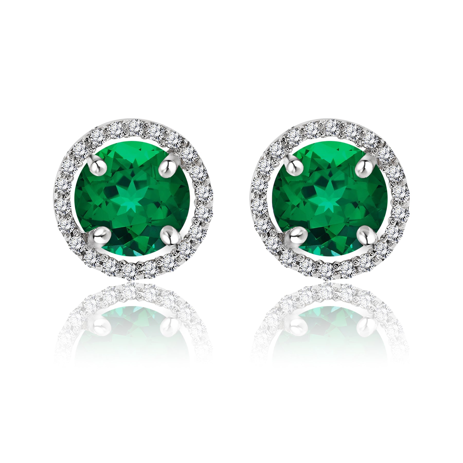 1.25 Carat Round Cut SWAROVSKI Emerald May Birthstone Halo Stud Earrings in 18K White Gold over Silver