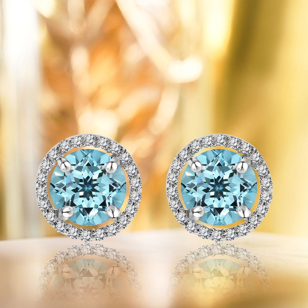 1.25 Carat Round Cut SWAROVSKI Blue Topaz December Birthstone Halo Stud Earrings in 18K White Gold over Silver