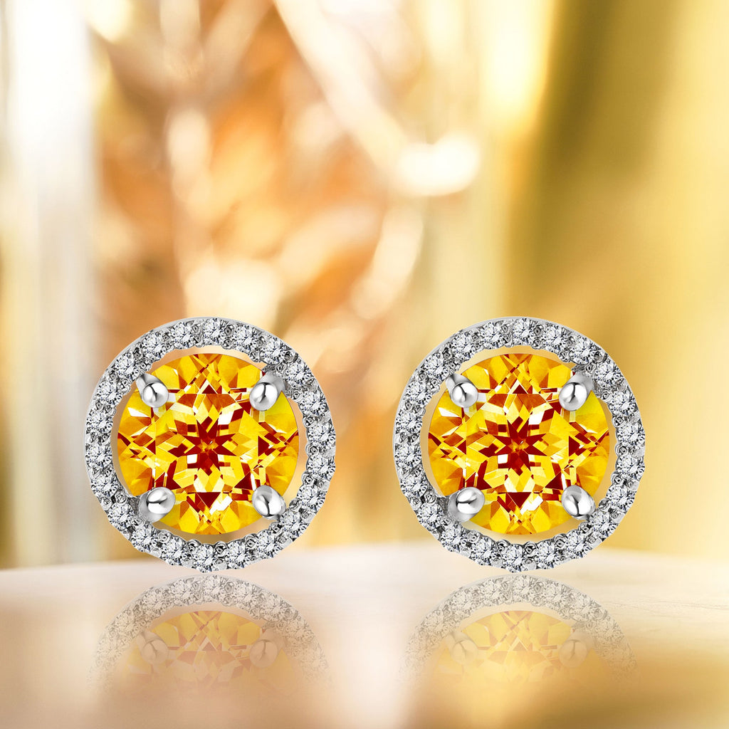 1.25 Carat Round Cut SWAROVSKI Citrine November Birthstone Halo Stud Earrings in 18K White Gold over Silver