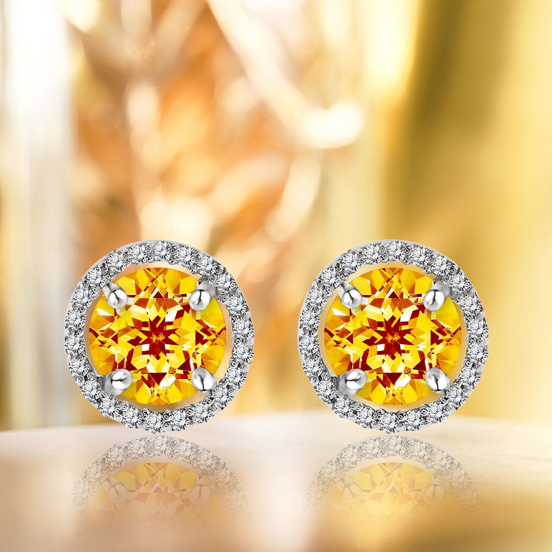 1.25 Carat Round Cut SWAROVSKI Citrine November Birthstone Halo Stud Earrings in 18K White Gold over Silver