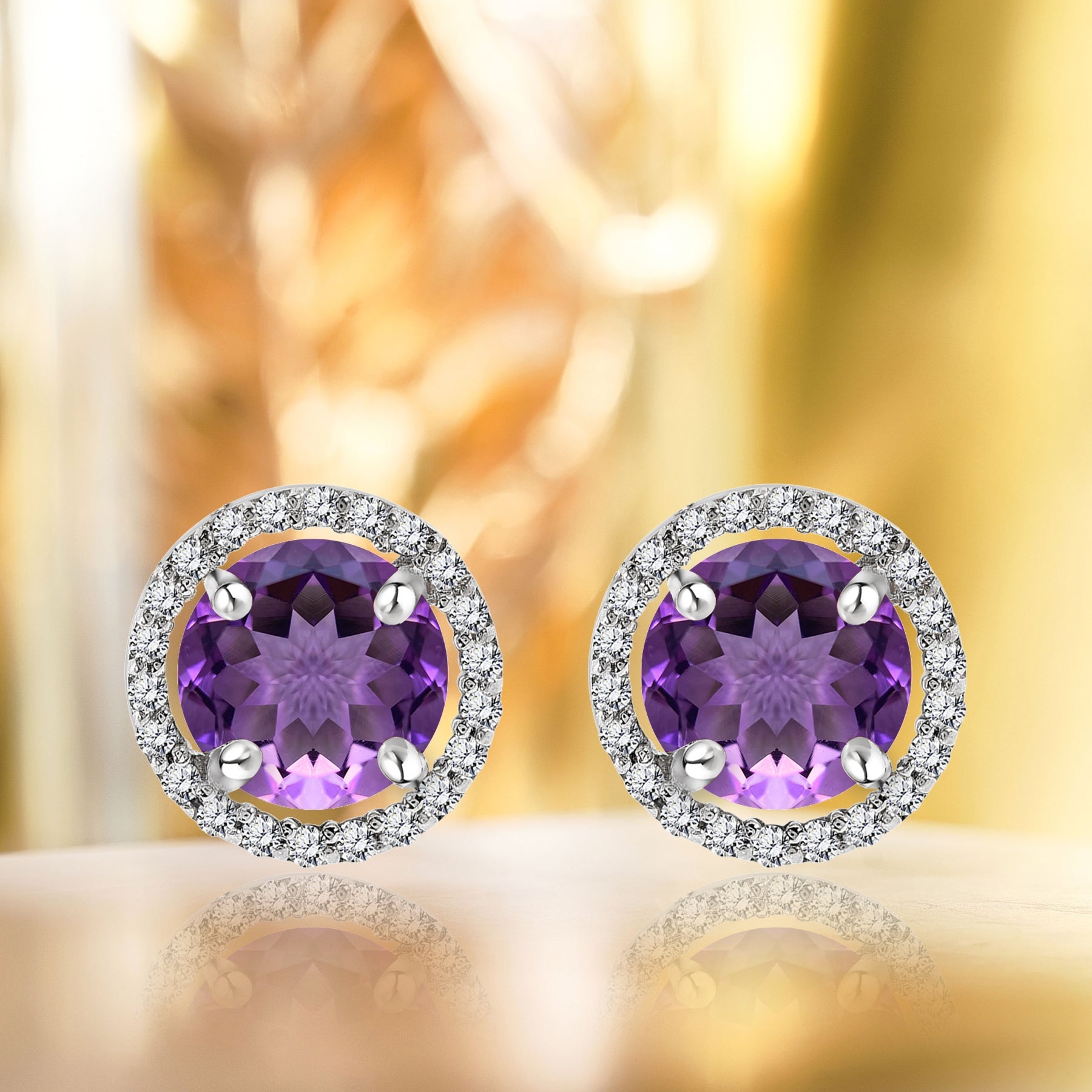 1.25 Carat Round Cut SWAROVSKI Amethyst February Birthstone Halo Stud Earrings in 18K White Gold over Silver