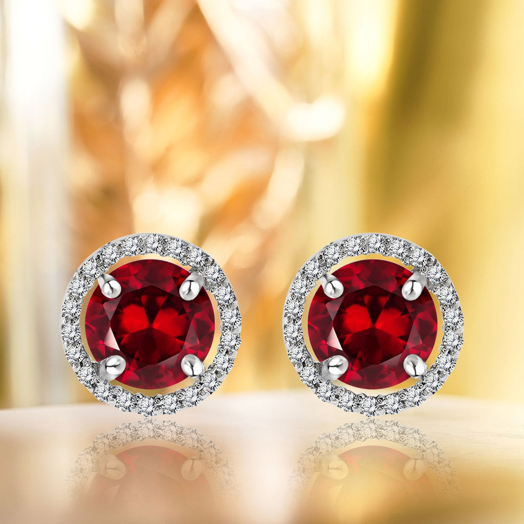 1.25 Carat Round Cut SWAROVSKI Red Garnet January Birthstone Halo Stud Earrings in 18K White Gold over Silver