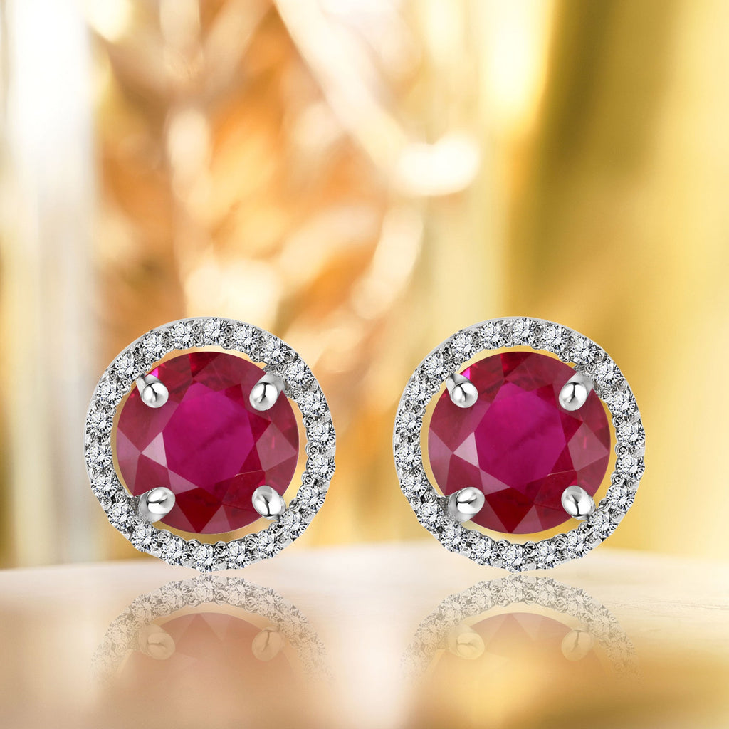 1.25 Carat Round Cut SWAROVSKI Ruby July Birthstone Halo Stud Earrings in 18K White Gold over Silver