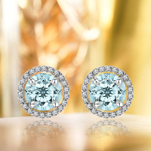 1.25 Carat Round Cut SWAROVSKI Aquamarine March Birthstone Halo Stud Earrings in 18K White Gold over Silver
