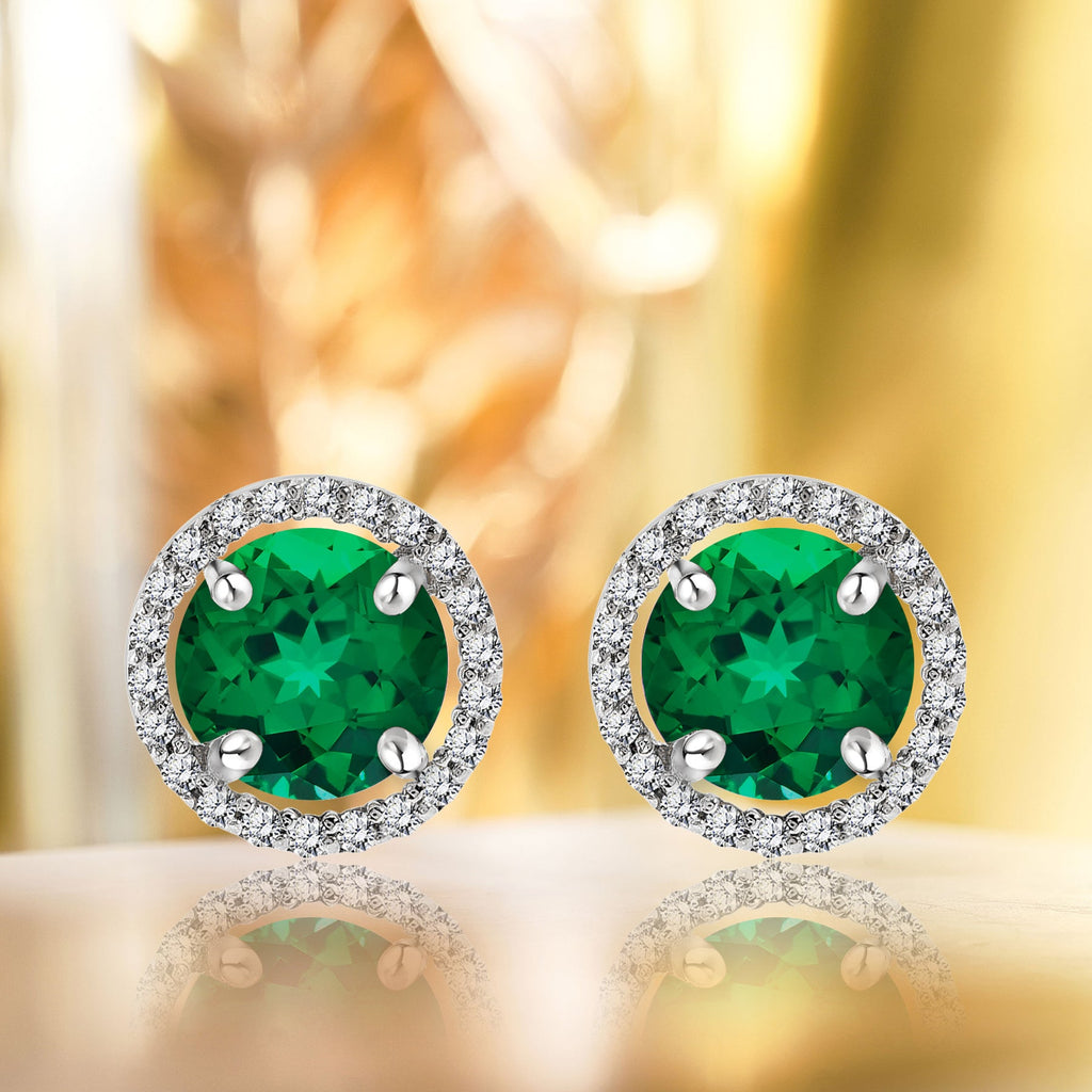 1.25 Carat Round Cut SWAROVSKI Emerald May Birthstone Halo Stud Earrings in 18K White Gold over Silver