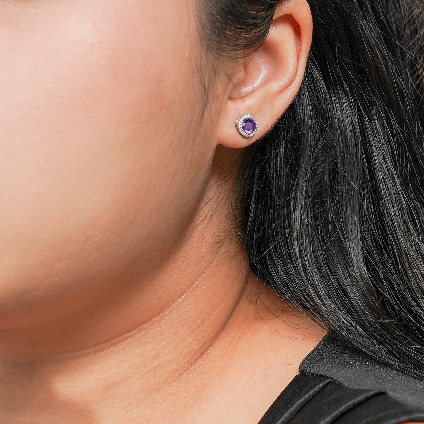 1.25 Carat Round Cut SWAROVSKI Amethyst February Birthstone Halo Stud Earrings in 18K White Gold over Silver