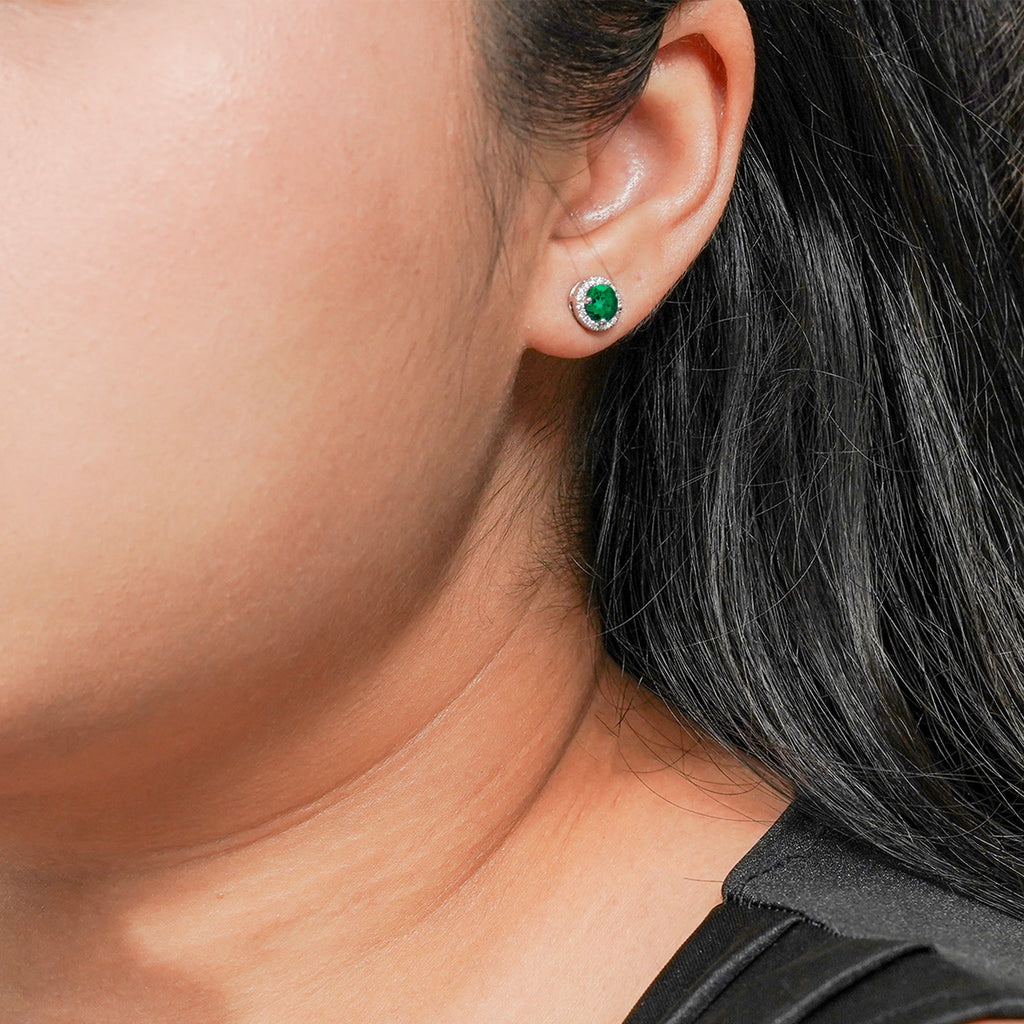 1.25 Carat Round Cut SWAROVSKI Emerald May Birthstone Halo Stud Earrings in 18K White Gold over Silver