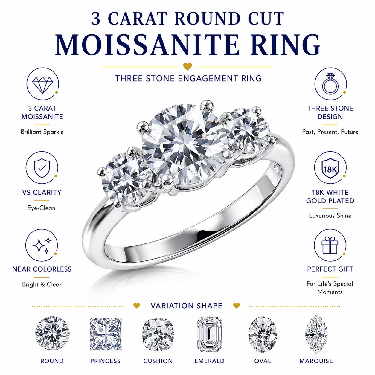 JeenMata 3 Carat Oval Cut Moissanite Rings - Three Stone Engagement Rings in 18K White Gold Plating for Women