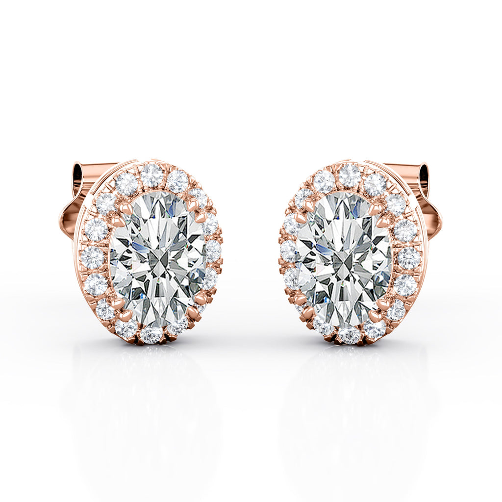 Basket Prong 1.25 Carat Oval Cut Certified Moissanite and Diamond Halo Pave Stud Earrings in Rose Gold