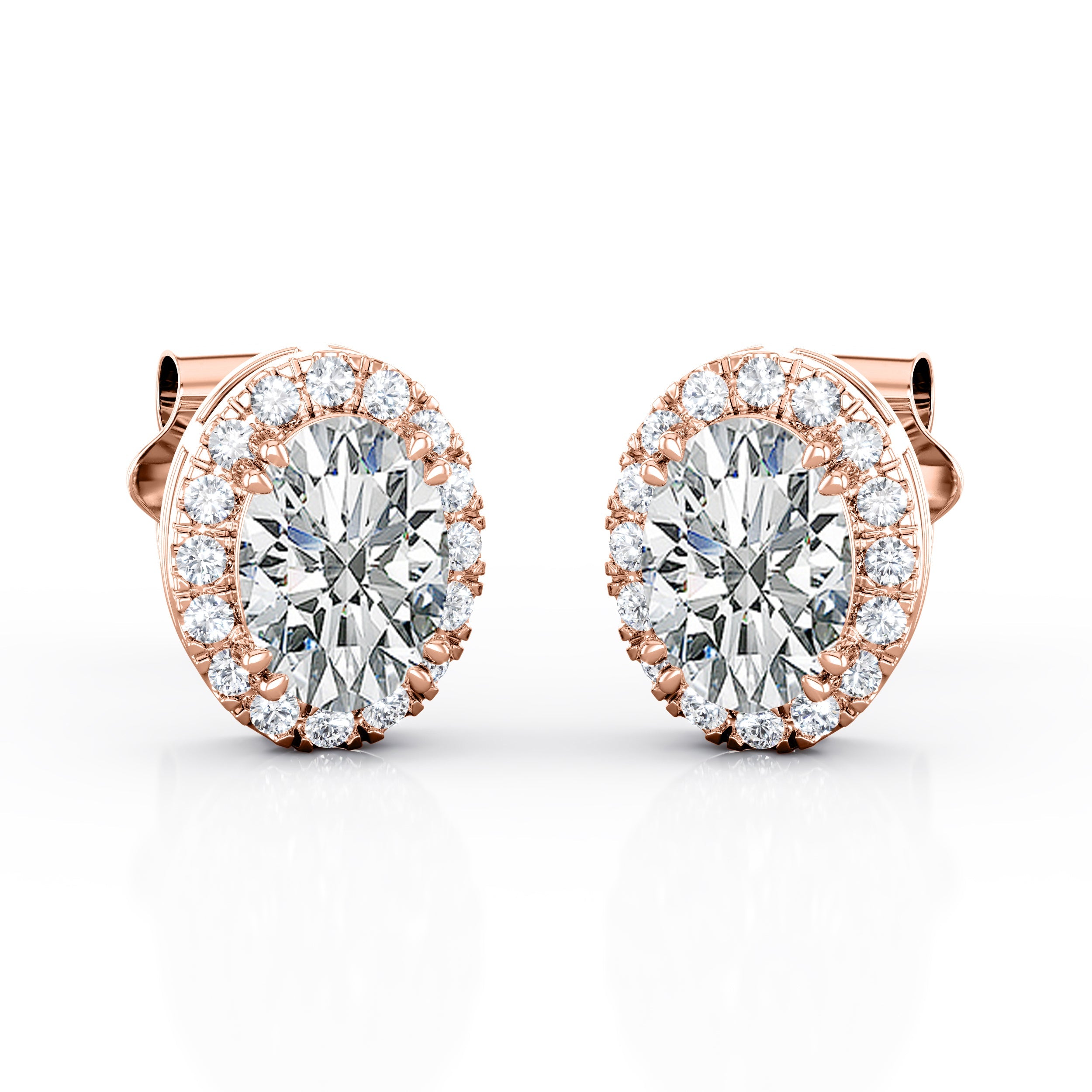 Basket Prong 1.25 Carat Oval Cut Certified Moissanite and Diamond Halo Pave Stud Earrings in Rose Gold