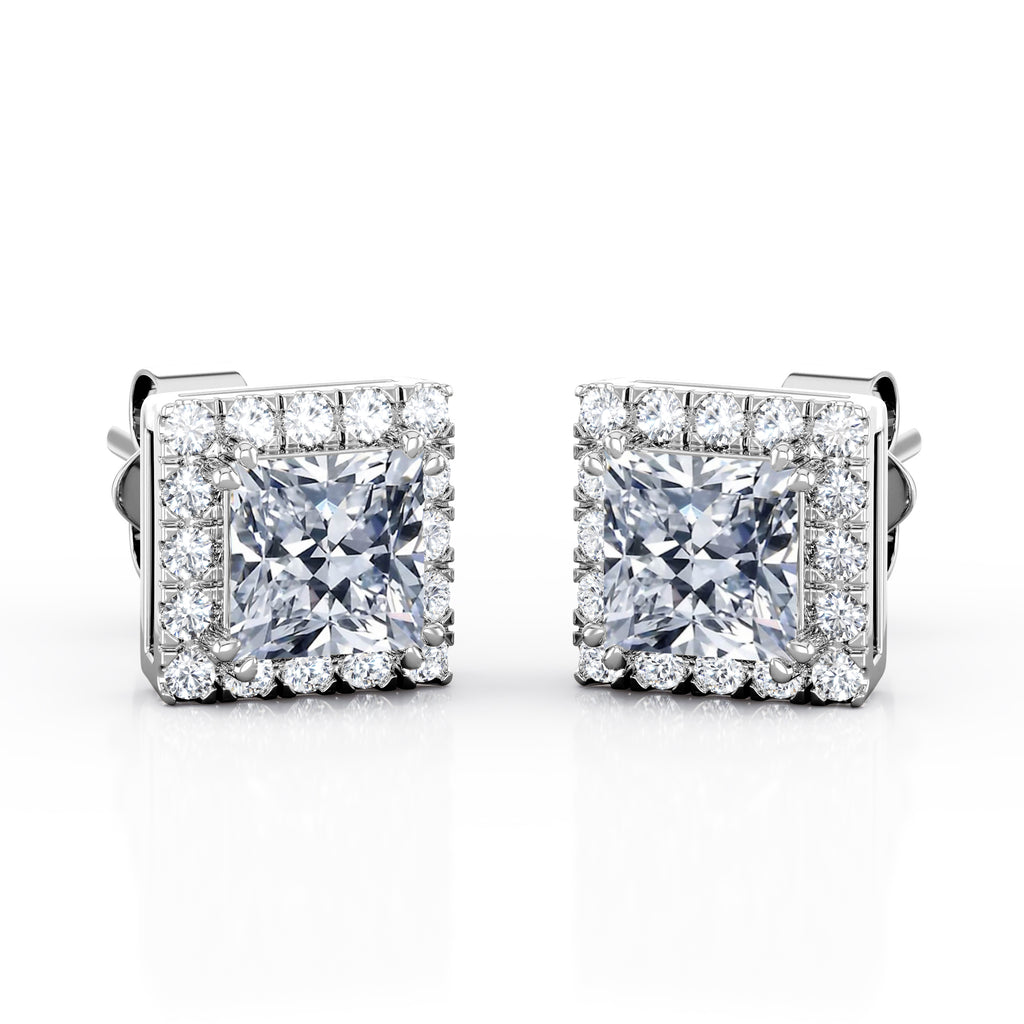 JeenMata Double Prong 1.1 Carat Princess Cut Moissanite Halo Stud Earrings in 18K White Gold Plating over Silver