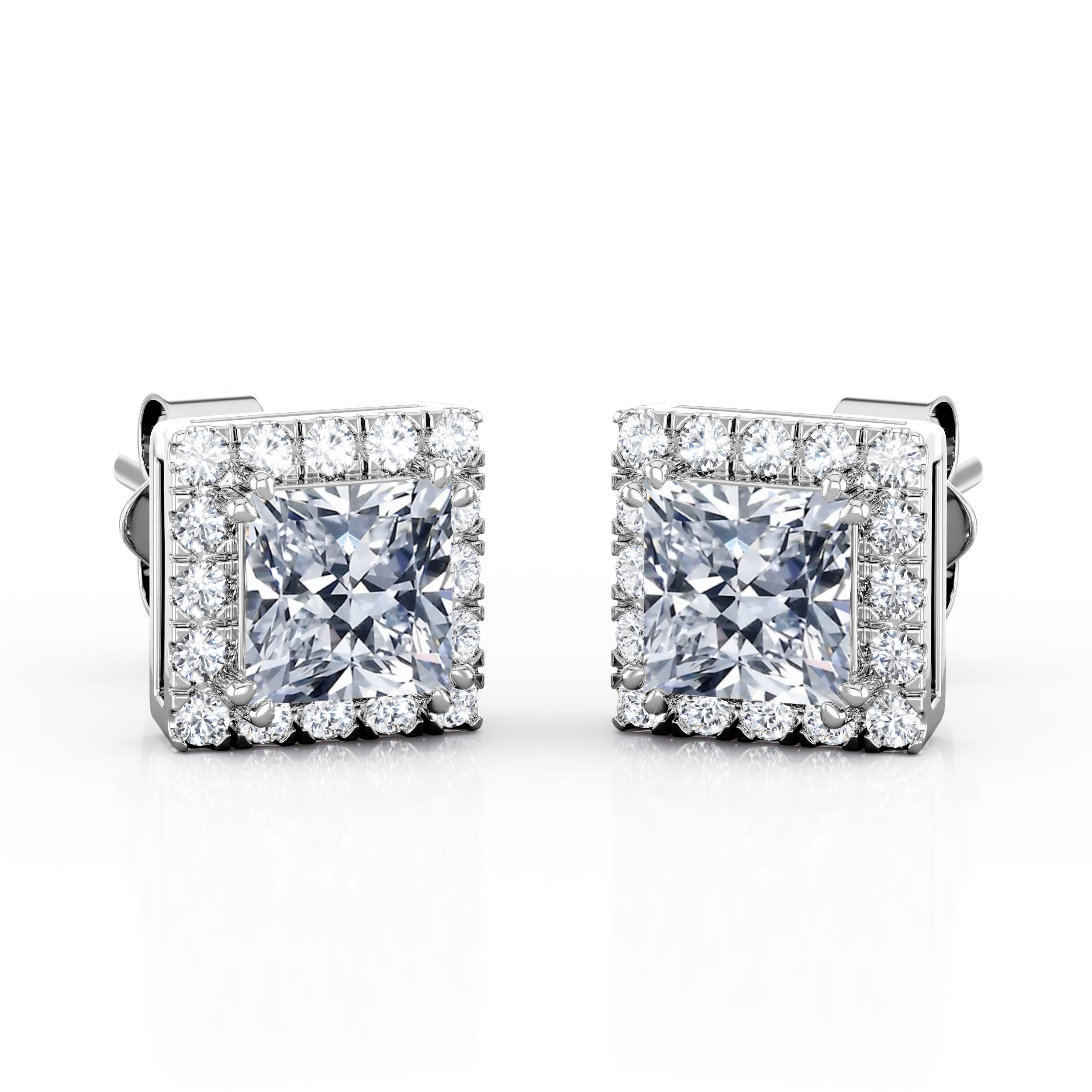 JeenMata Double Prong 1.1 Carat Princess Cut Moissanite Halo Stud Earrings in 18K White Gold Plating over Silver