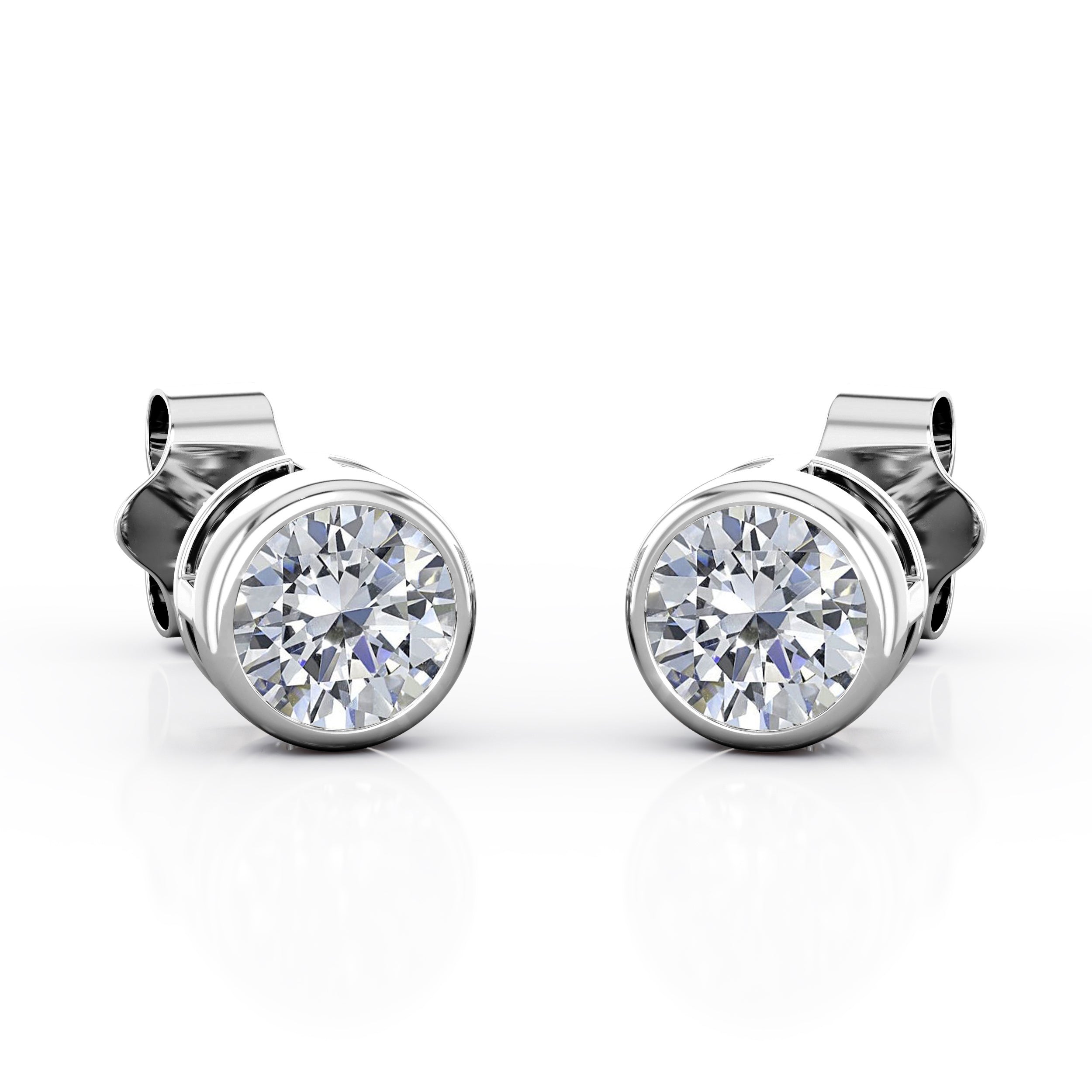 Bezel Set 1 Carat Round Shaped CVD Lab Grown Diamond Solitaire Stud Earrings In 18K White Gold Plating Over Silver