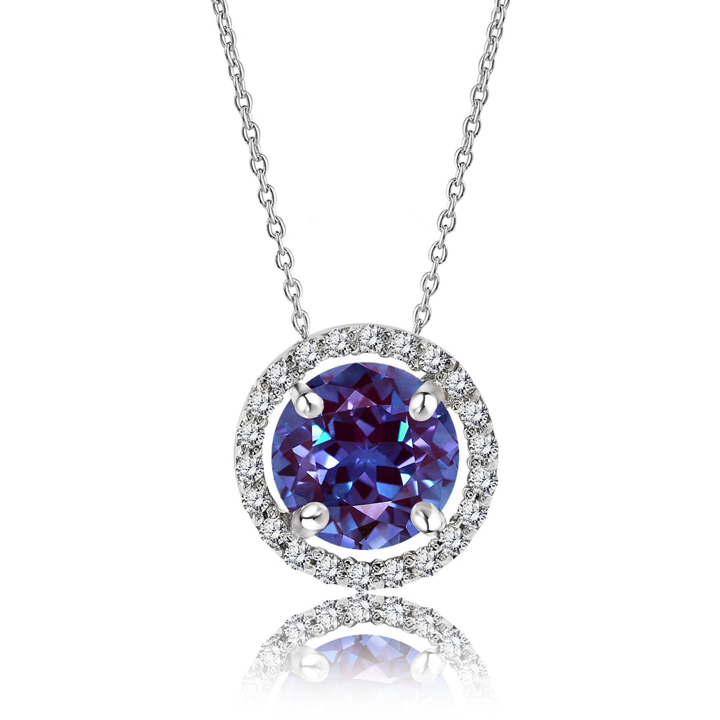 Solitaire 1.25 Carat Round Cut - Alexandrite - June Birthstone Halo Pendant Necklace 18k White Gold plating over Silver, Adult, Female