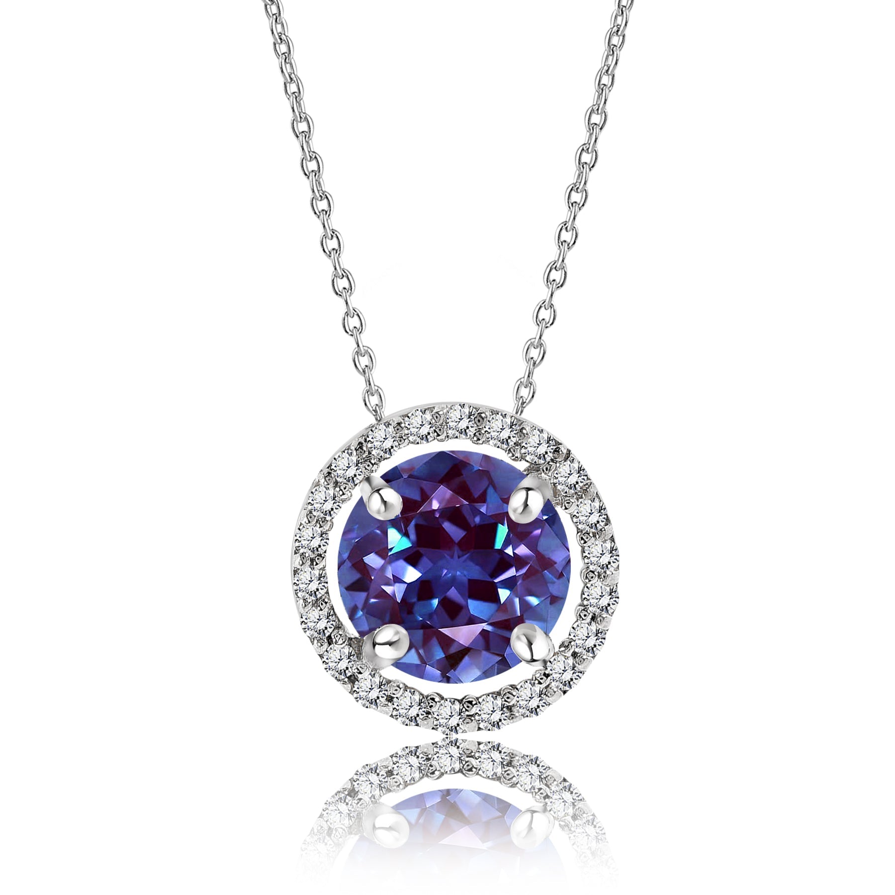 Solitaire 1.25 Carat Round Cut - Alexandrite - June Birthstone Halo Pendant Necklace 18k White Gold plating over Silver, Adult, Female