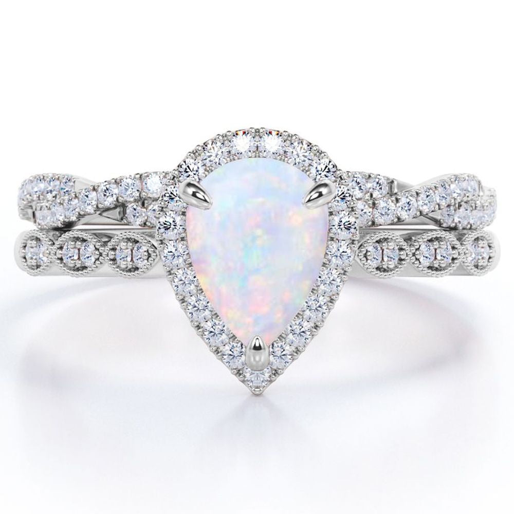 1.5 Carat Pear Cut Lab Created October Birthstone Opal and Moissanite Vintage Engagement Ring - Halo Pave Bridal Set in 18K White Gold Over Silver