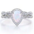 1.5 Carat Pear Cut Lab Created October Birthstone Opal and Moissanite Vintage Engagement Ring - Halo Pave Bridal Set in 18K White Gold Over Silver