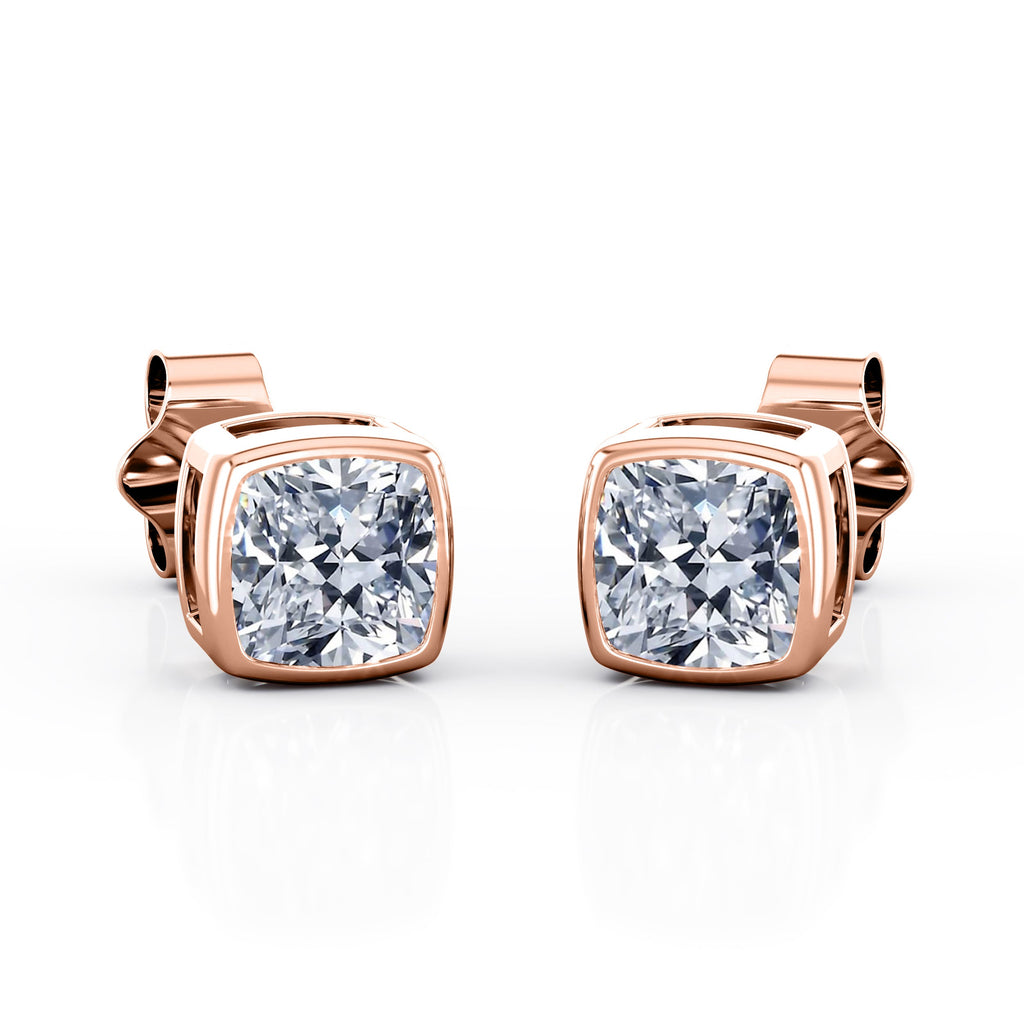 JeenMata Bezel Set 1 Carat Cushion Shaped Moissanite Solitaire Stud Earrings In 18K White Gold Plating Over Silver