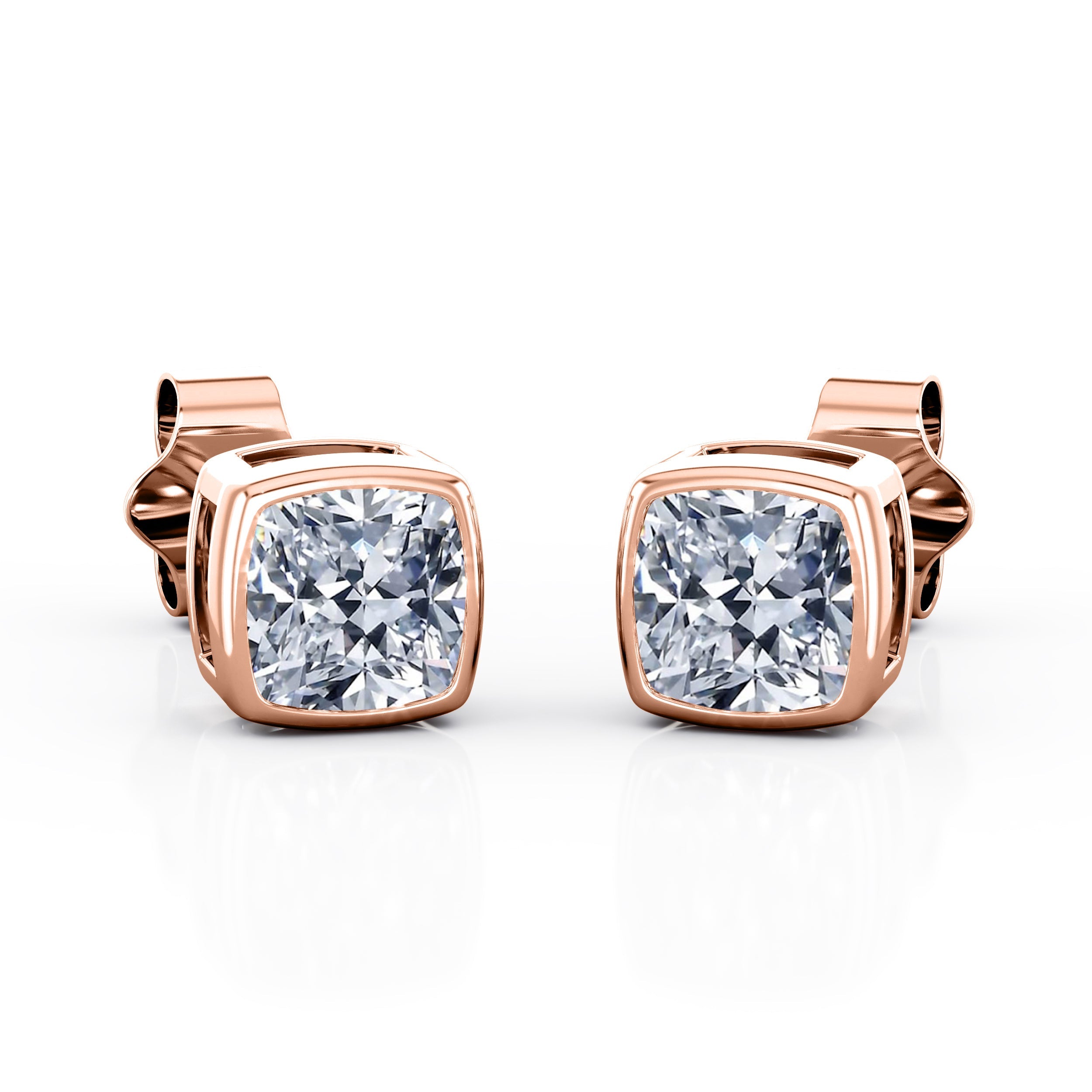 JeenMata Bezel Set 1 Carat Cushion Shaped Moissanite Solitaire Stud Earrings In 18K White Gold Plating Over Silver