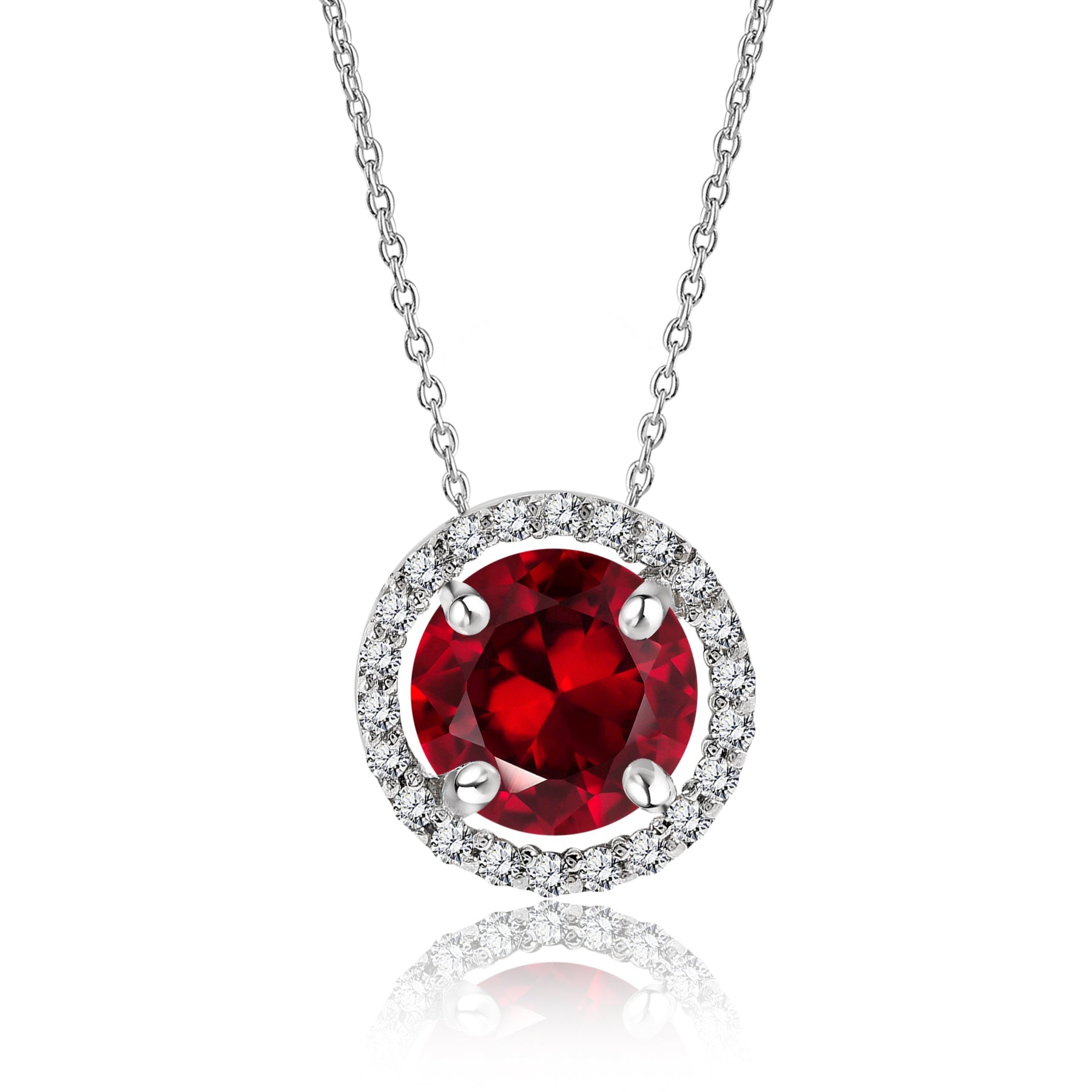 Solitaire 1.25 Carat Round Cut - Garnet - January Birthstone Halo Pendant Necklace 18k White Gold plating over Silver, Adult, Female