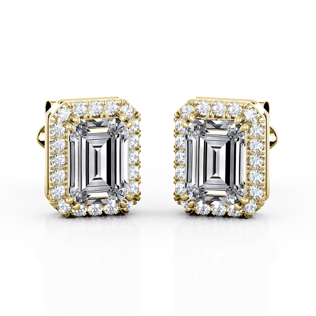 Antique Double Prong 2.10 Carat Emerald Cut Certified Moissanite and Diamond Halo Stud Earrings