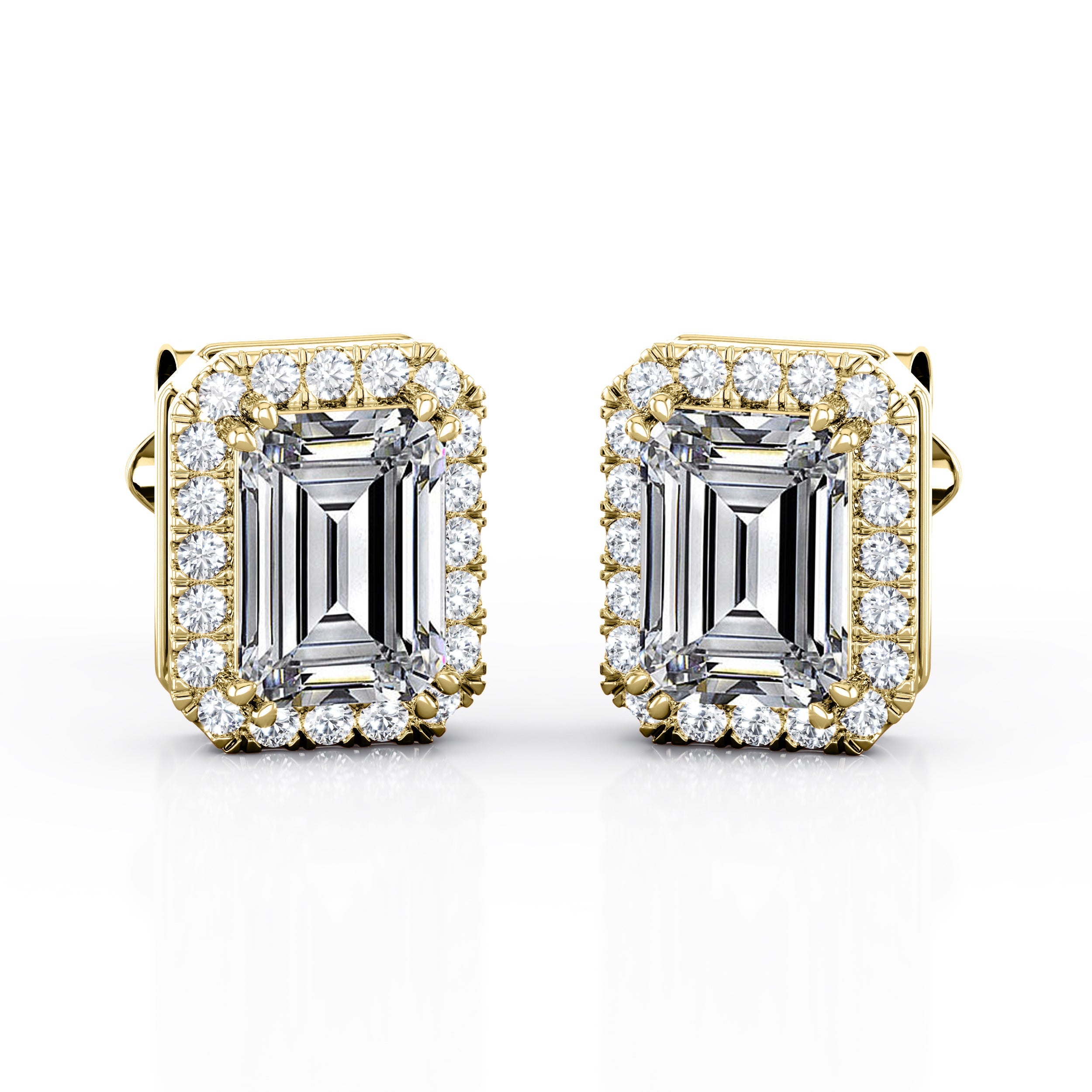 Antique Double Prong 2.10 Carat Emerald Cut Certified Moissanite and Diamond Halo Stud Earrings