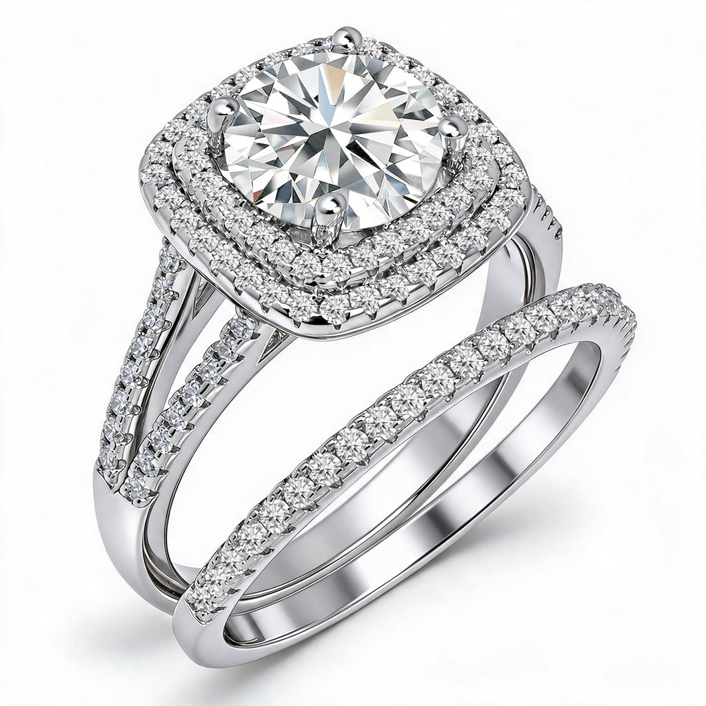 JeenMata 2.75 Carat Round Brilliant Cut Moissanite Double Halo Split Shank Engagement Ring Set in 18K White Gold Plated for Women