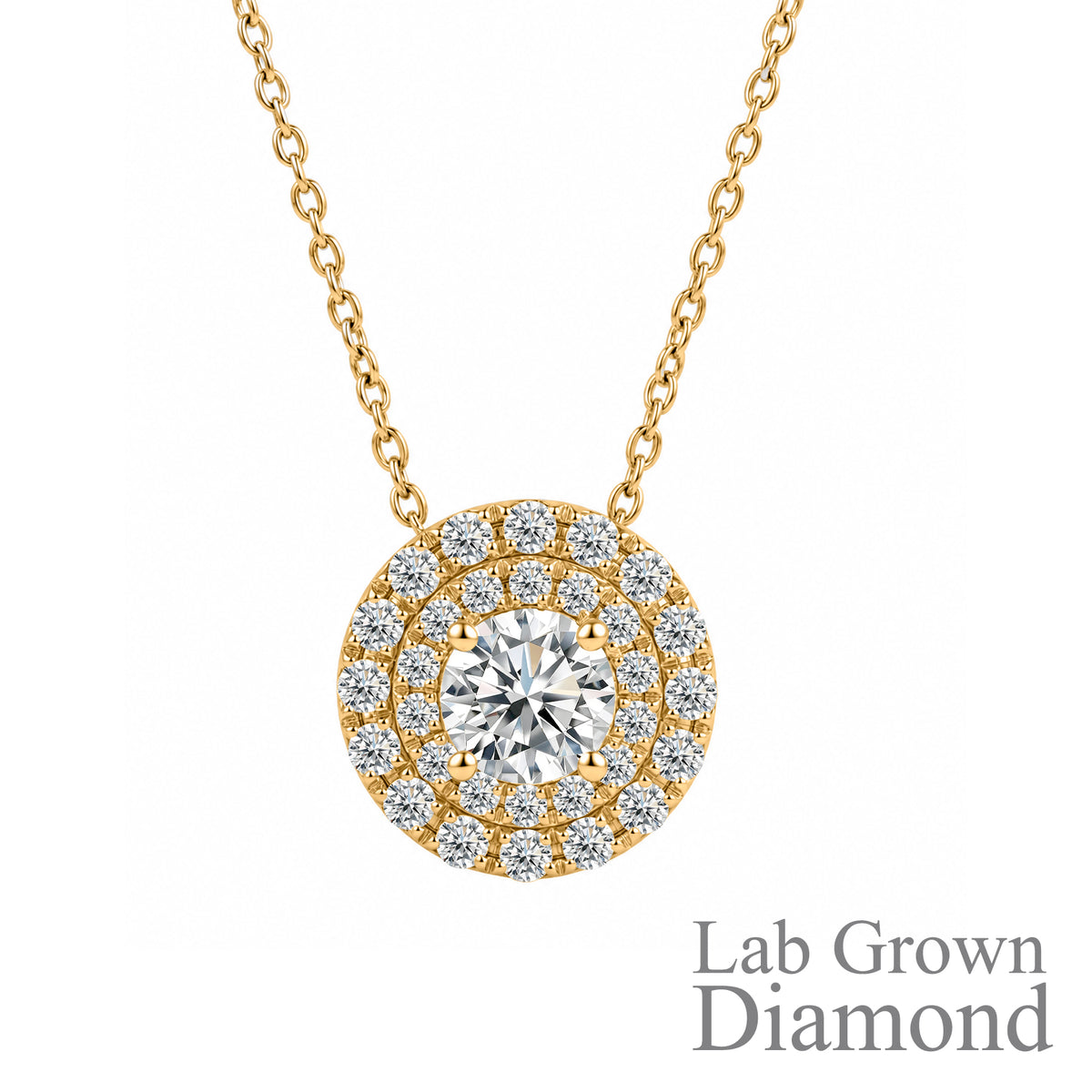 JeenMata Lab Grown Diamond 1 Carat Round Cut Double Halo Pendant Necklace in 18K Yellow Gold Plating for Women