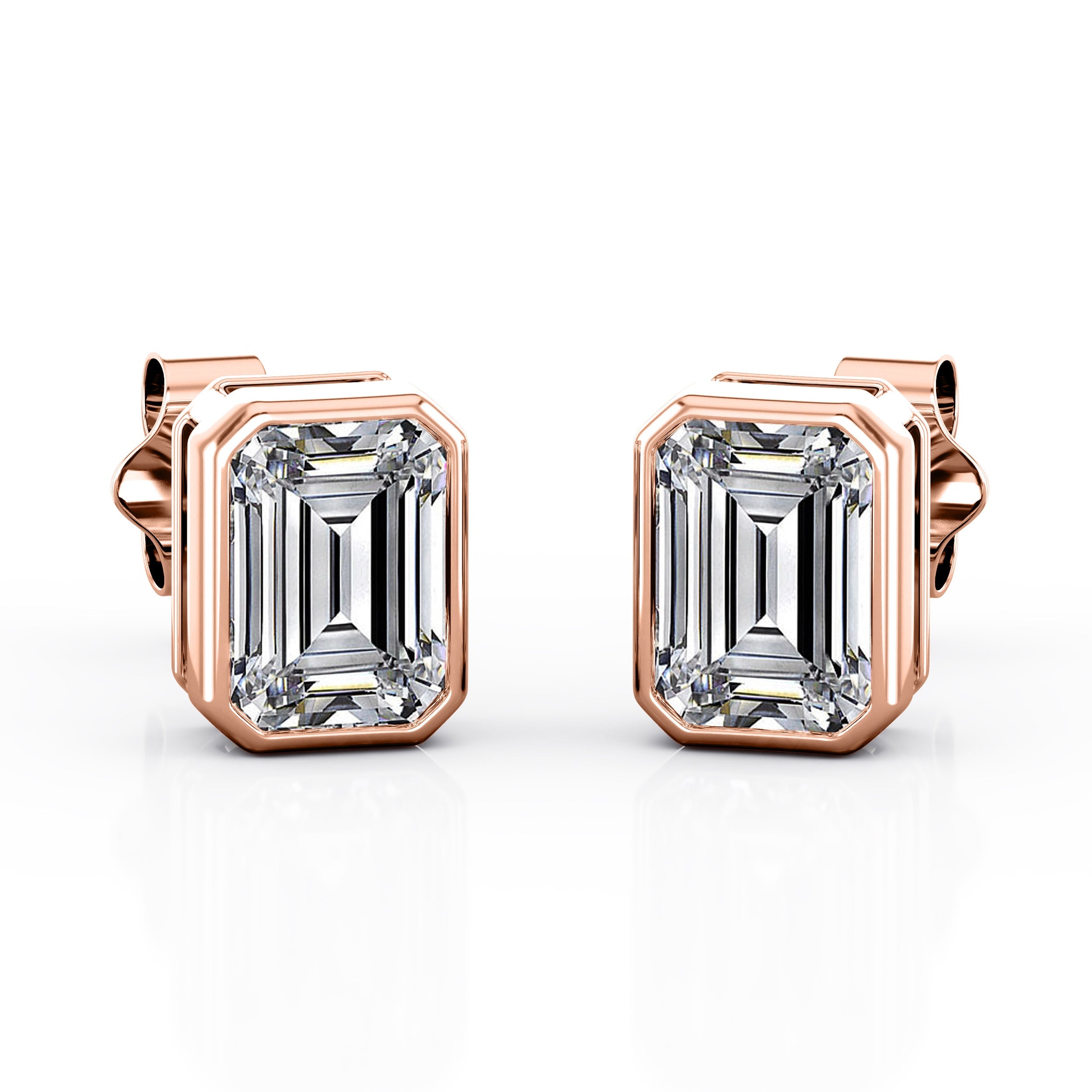 JeenMata Bezel Set 1 Carat Emerald Shaped Moissanite Solitaire Stud Earrings In 18K White Gold Plating Over Silver