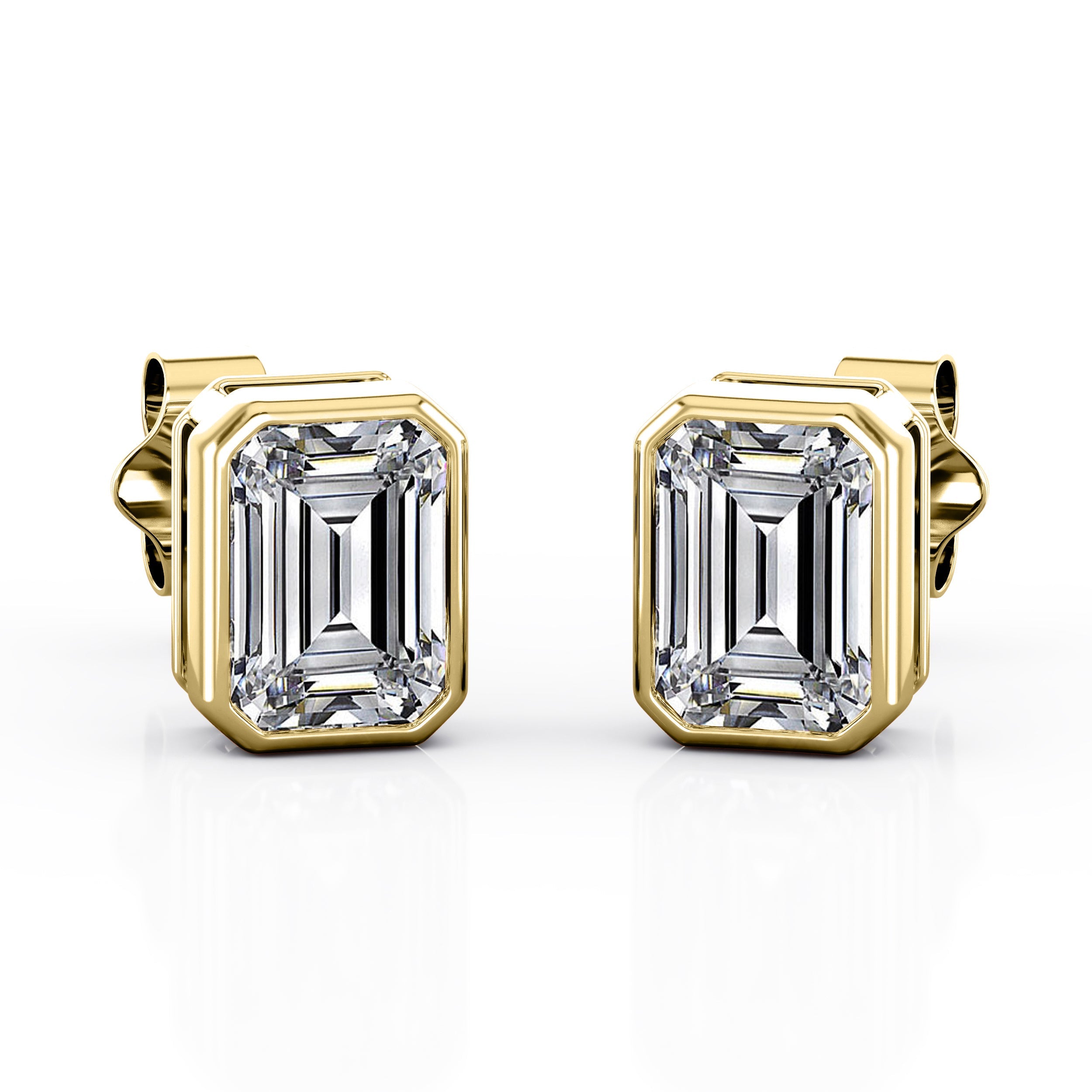 JeenMata Bezel Set 1 Carat Emerald Shaped Moissanite Solitaire Stud Earrings In 18K White Gold Plating Over Silver