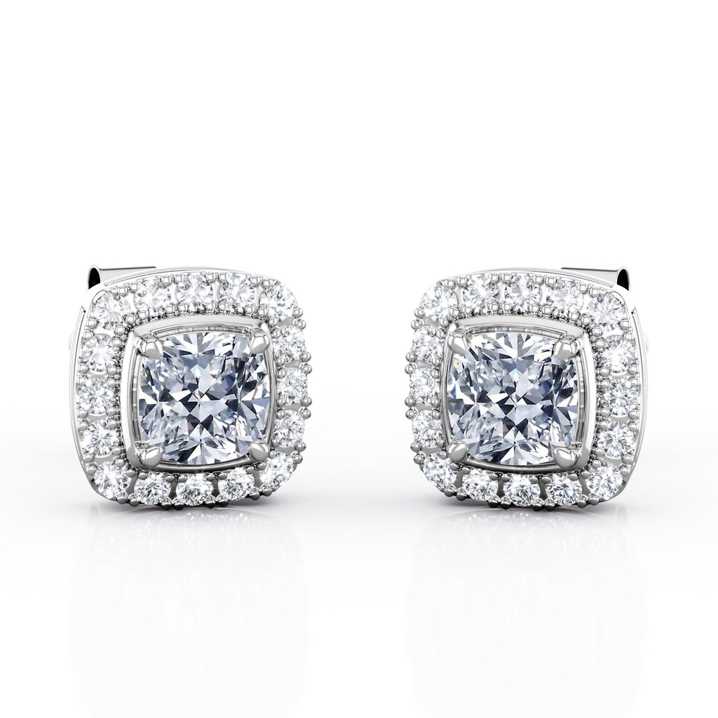 4 Prong Set 1 Carat Round Cut CVD Lab Grown Diamond Halo Stud Earrings in 18K White Gold Plating over Silver