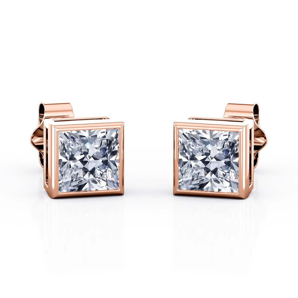 JeenMata Bezel Set 1 Carat Princess Shaped Moissanite Solitaire Stud Earrings In 18K White Gold Plating Over Silver