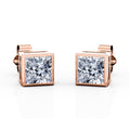 JeenMata Bezel Set 1 Carat Princess Shaped Moissanite Solitaire Stud Earrings In 18K White Gold Plating Over Silver