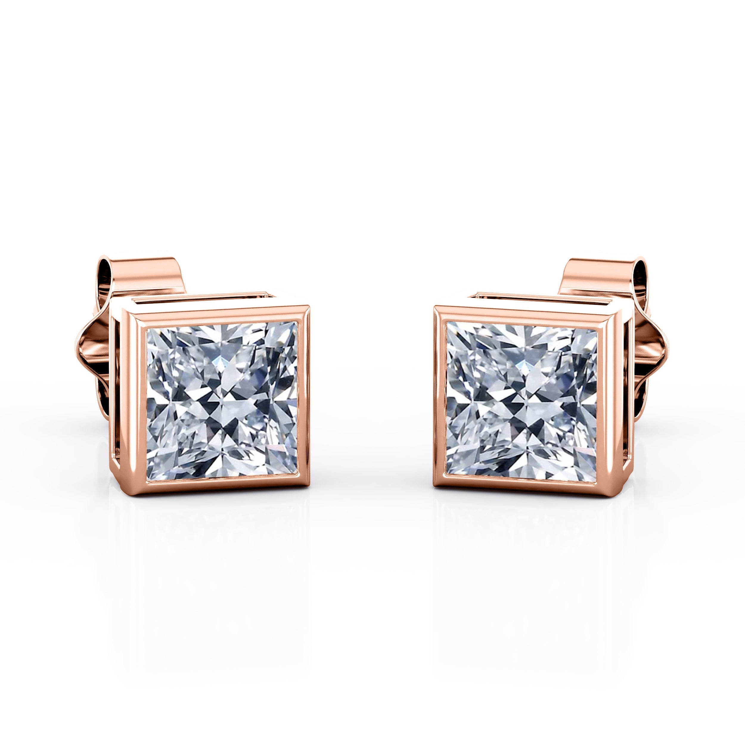 JeenMata Bezel Set 1 Carat Princess Shaped Moissanite Solitaire Stud Earrings In 18K White Gold Plating Over Silver