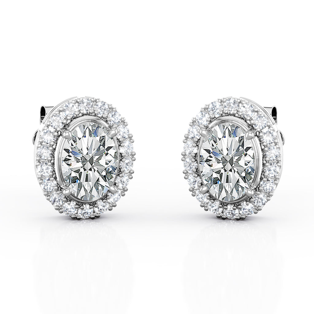 JeenMata 1.1 Carat Oval Cut Moissanite - Cluster Halo - Prong Set Stud Earrings - 18K White Gold Plating over Silver
