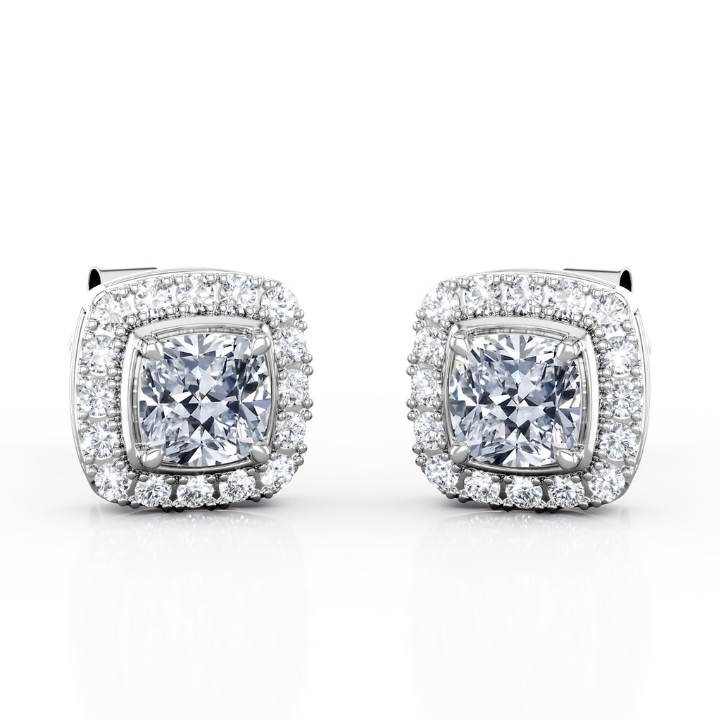 JeenMata 4 Prong Setting - 1.1 Carat Cushion Cut Moissanite Halo Cluster Stud Earrings - 18K White Gold Plating over Silver