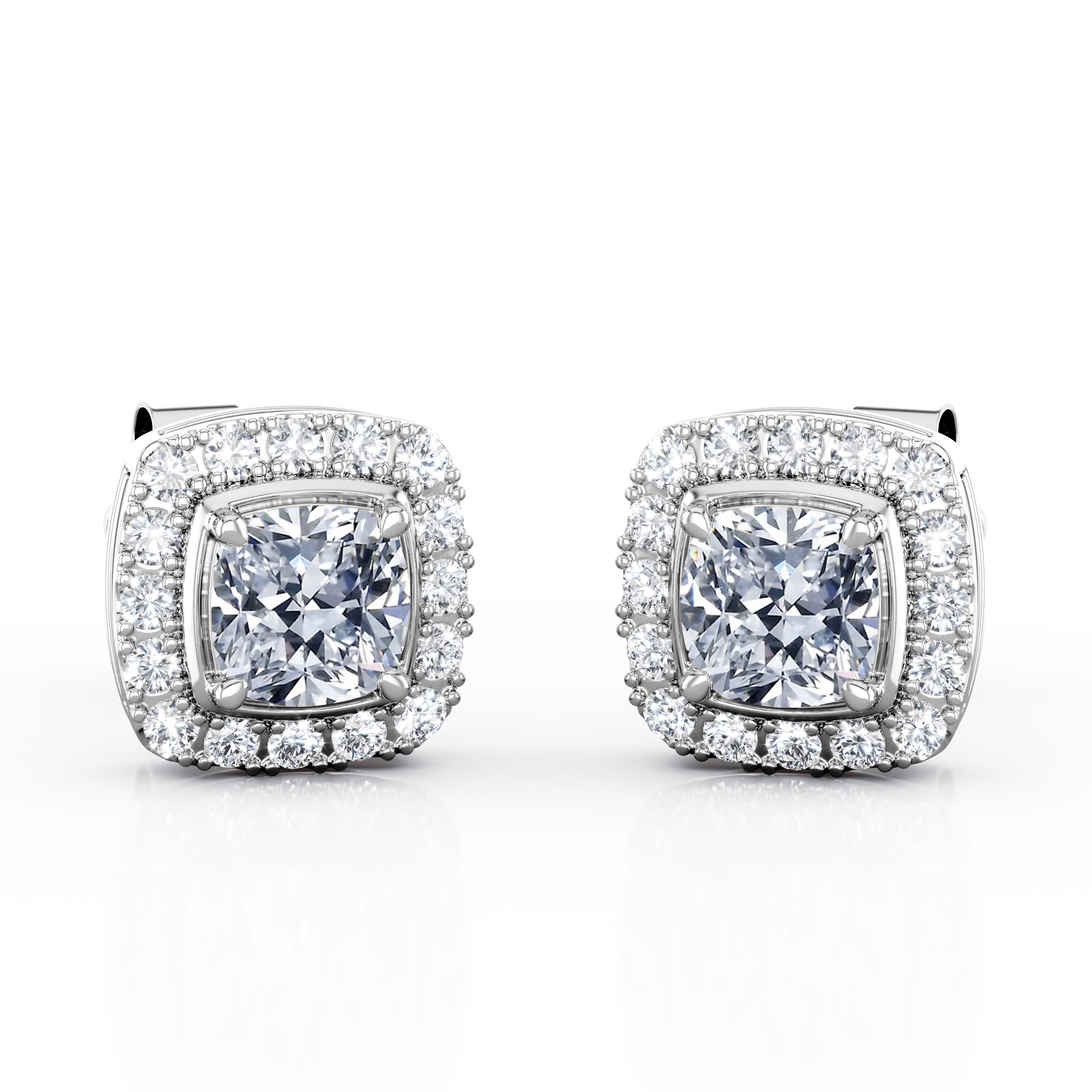 JeenMata 4 Prong Setting - 1.1 Carat Cushion Cut Moissanite Halo Cluster Stud Earrings - 18K White Gold Plating over Silver