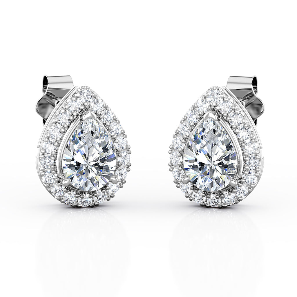 JeenMata Triple Prong Set 1.1 Carat Pear Shape Moissanite Cluster Halo Stud Earrings in 18K White Gold Plating over Silver