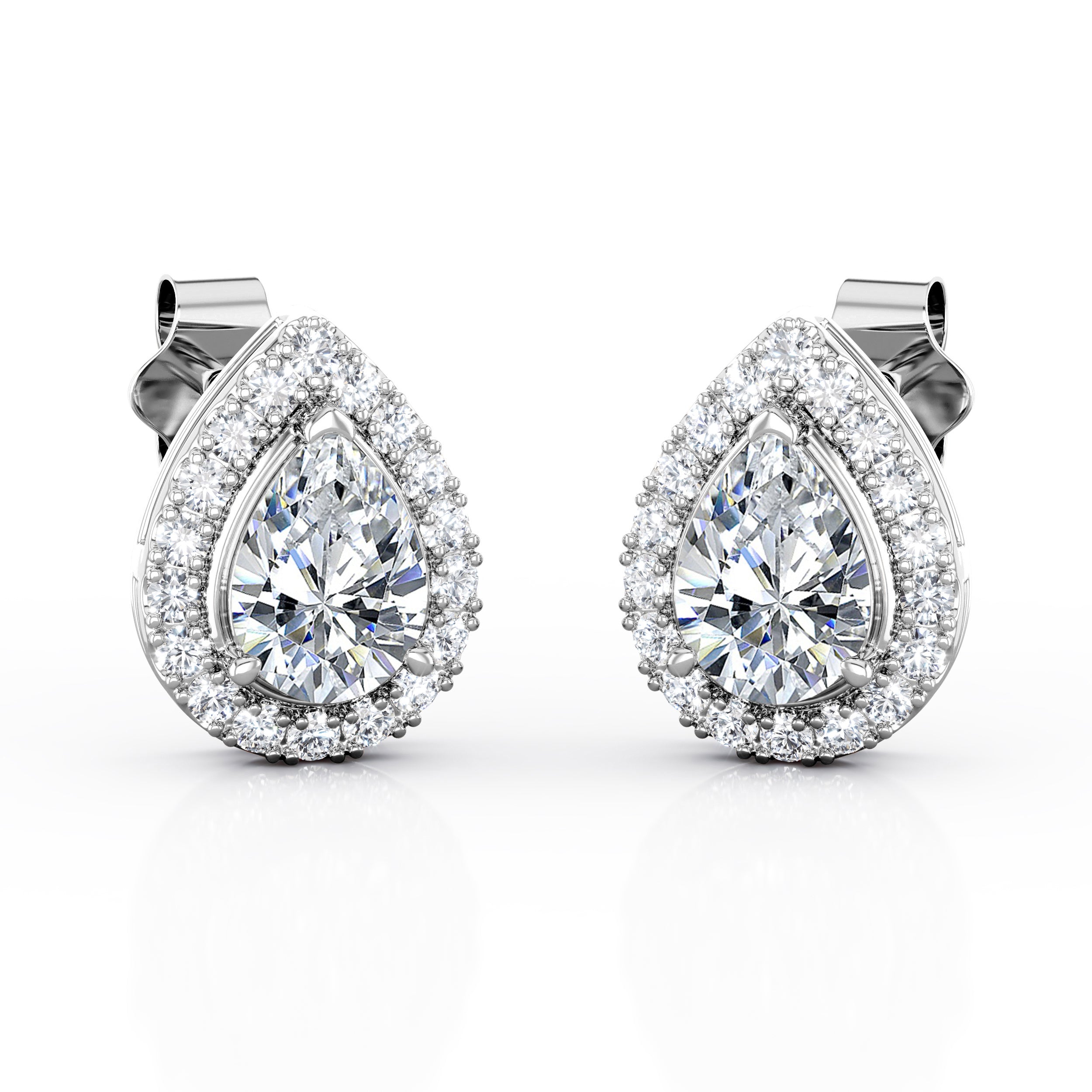 JeenMata Triple Prong Set 1.1 Carat Pear Shape Moissanite Cluster Halo Stud Earrings in 18K White Gold Plating over Silver